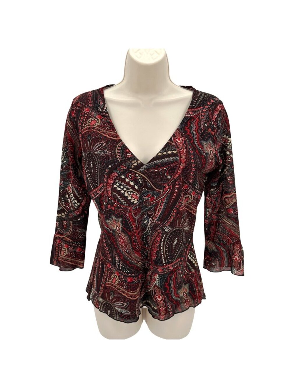 Agenda Womens Boho Paisley Print V-Neck Flared Sleeves Black Red Size S/M